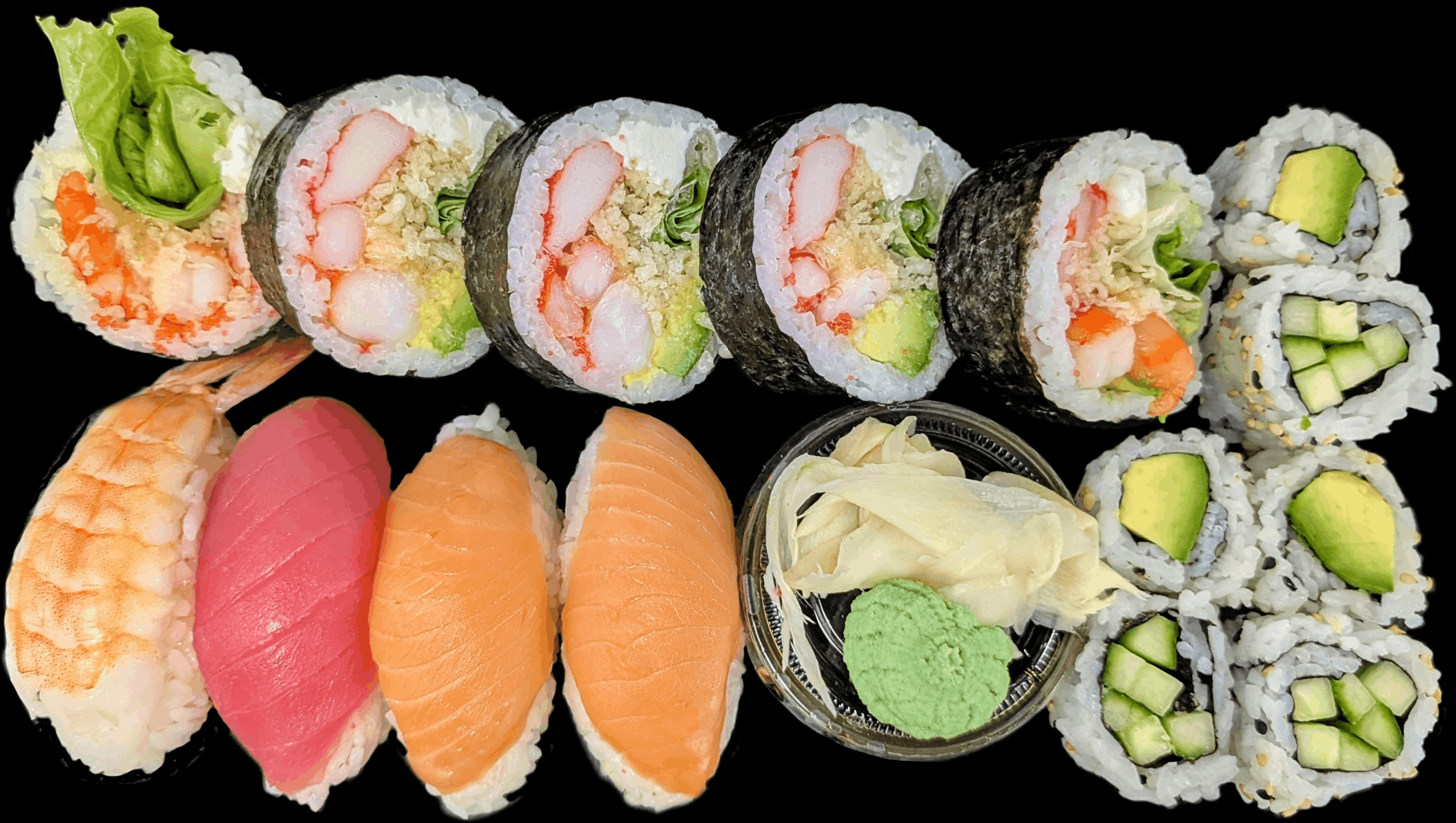 Spécialités et nigiris — nigiri saumon, thon, crevette et makis variés