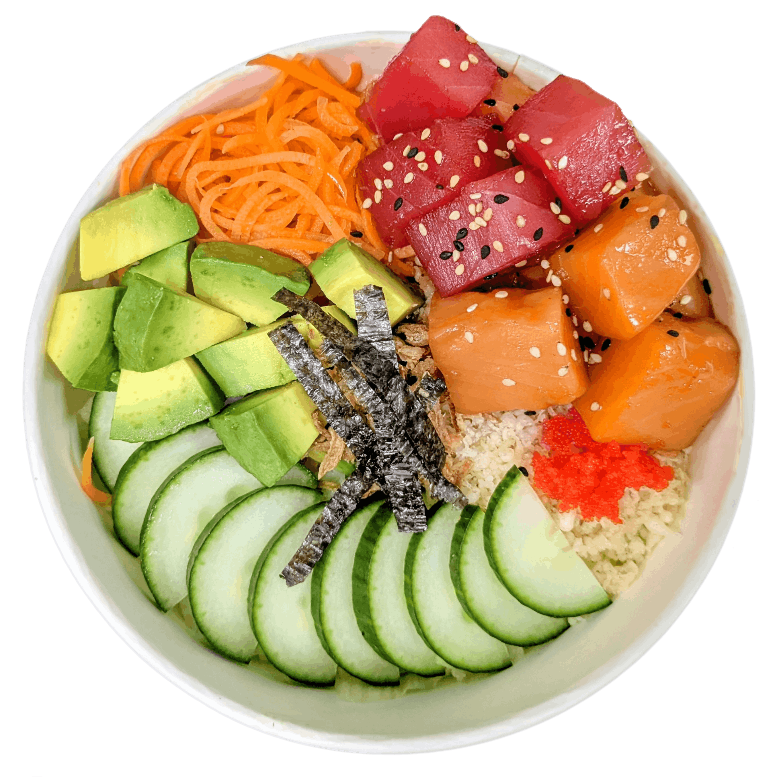 Pokébol saumon et thon — avocat, concombre, carotte et nori